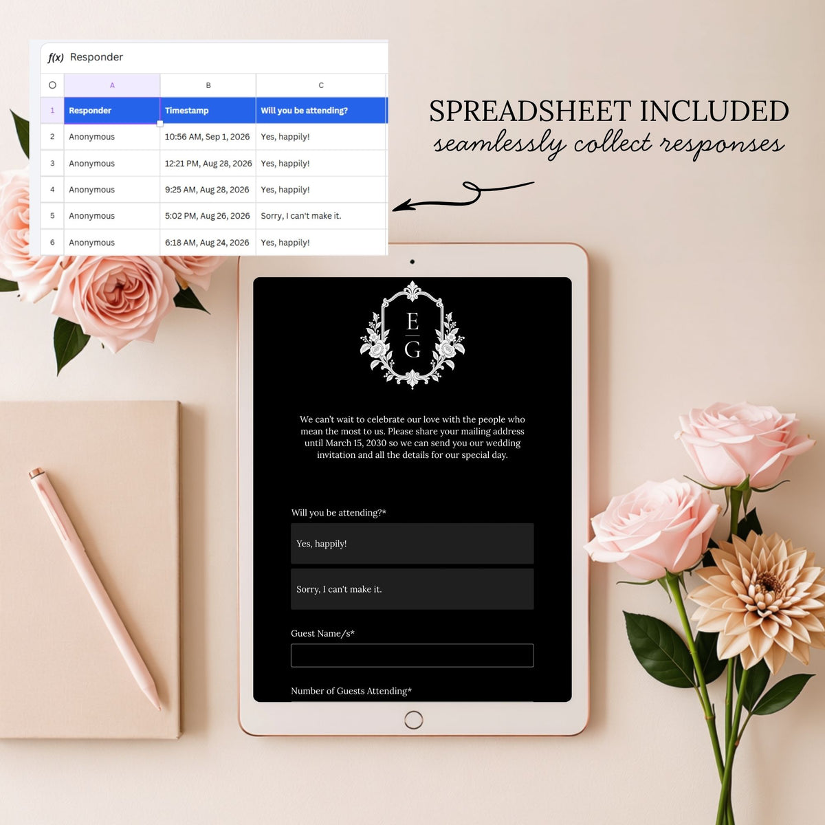 Black and Blush Pink Save the Date Wedding Website with Built-in RSVP Form | Canva Template