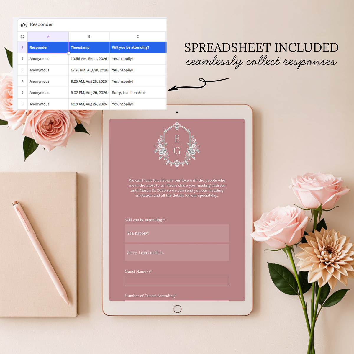 Dusty Rose and Ivory Wedding Save the Date Website Template with Built-in RSVP