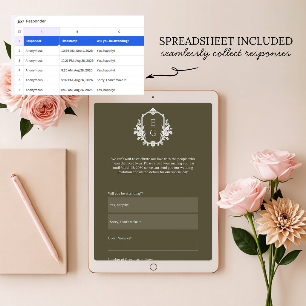 Mauve and Olive Save the Date Wedding Website Template with Built-in Form | Editable Canva Template