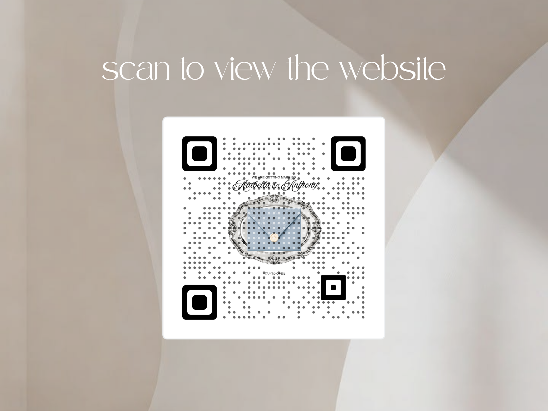 A square QR code centered on a soft beige background with the text 'scan to view the website' above it. The QR code contains a decorative blue and gray emblem in the center.
