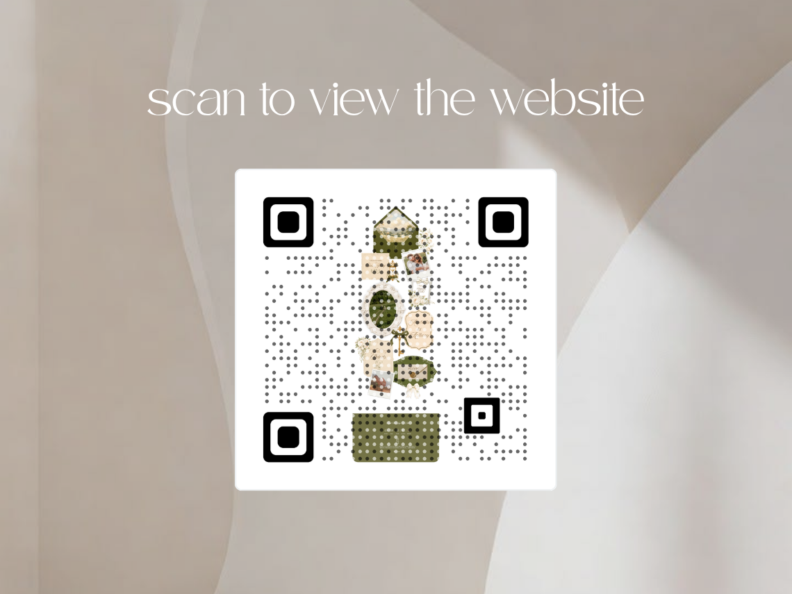 A square QR code with a decorative floral pattern in the center, placed on a soft beige background with the text 'scan to view the website' above it.