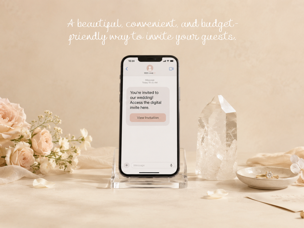 A digital wedding invitation displayed on a smartphone screen stand, surrounded by soft beige tones, blush flowers, a clear crystal, and a small dish with rings. Elegant script text at the top reads, 'A beautiful, convenient, and budget-friendly way to invite your guests.