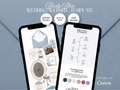 Digital mockup of a dusty blue wedding website template displayed on two smartphone screens, with decorative stationery previews, feature callouts, and Canva compatibility text on a blue-gray background.