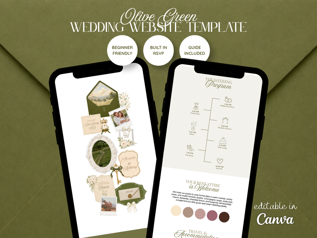 Digital mockup of a olive green wedding website template displayed on two smartphone screens, with decorative stationery previews, feature callouts, and Canva compatibility text on a blue-gray background.