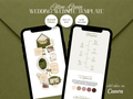 Digital mockup of a olive green wedding website template displayed on two smartphone screens, with decorative stationery previews, feature callouts, and Canva compatibility text on a blue-gray background.