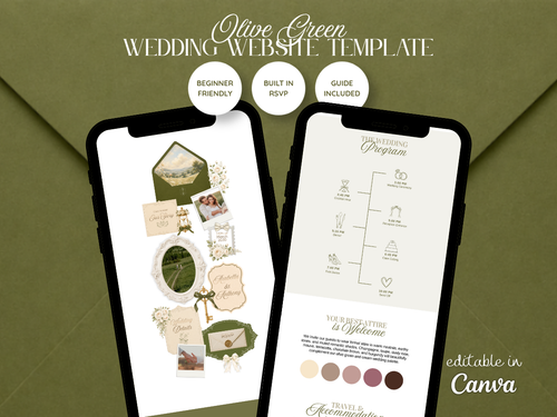 Digital mockup of a olive green wedding website template displayed on two smartphone screens, with decorative stationery previews, feature callouts, and Canva compatibility text on a blue-gray background.
