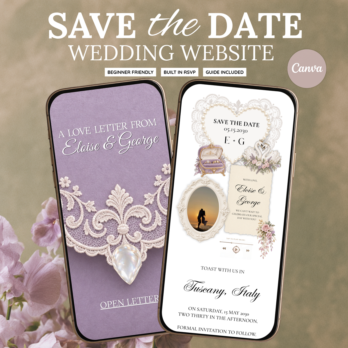 Purple and Olive Green Wedding Save the Date Canva Template with Built-in RSVP Form